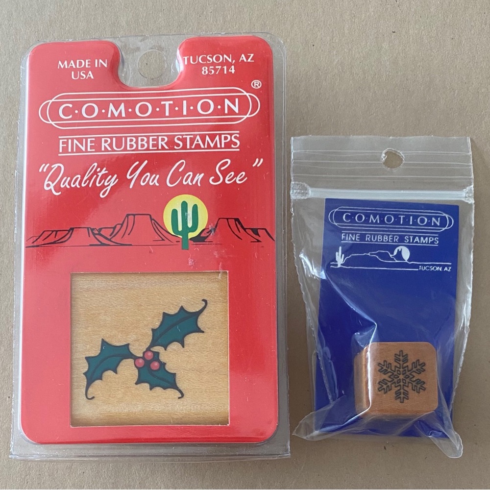 Comotion, Set of 2 Christmas Vintage Wooden Rubber Stamps, Holly Leaf, Snowflake